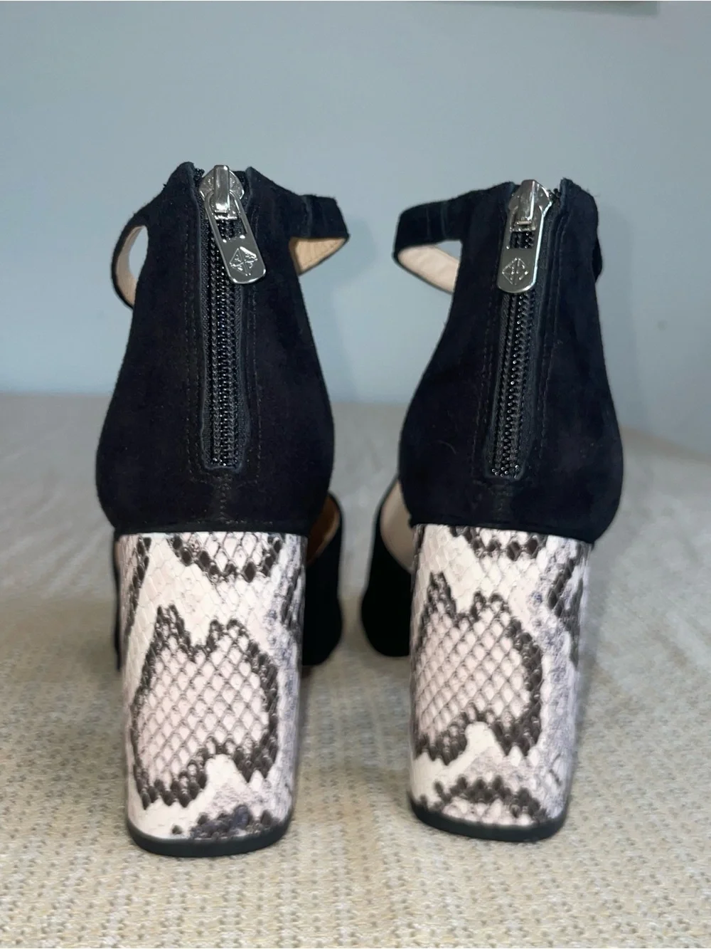 ANTONIO MELANI Black Suede Open-Toe Heels with Snake-Print Block Heel